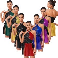 Womens Dancewear Irregular Hem Bodysuit Rhinestone Dress Latin Costume Dance
