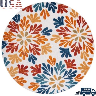Floral Indoor Outdoor Area Rug Round Flat Weave Water Resistant Durable carpets