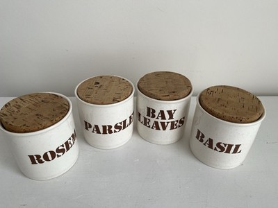 Vintage Gewürz Kräuter Gläser Ofen Handarbeit Rosmarin Basilikum Petersilie Lorbeerblätter X4 Retro