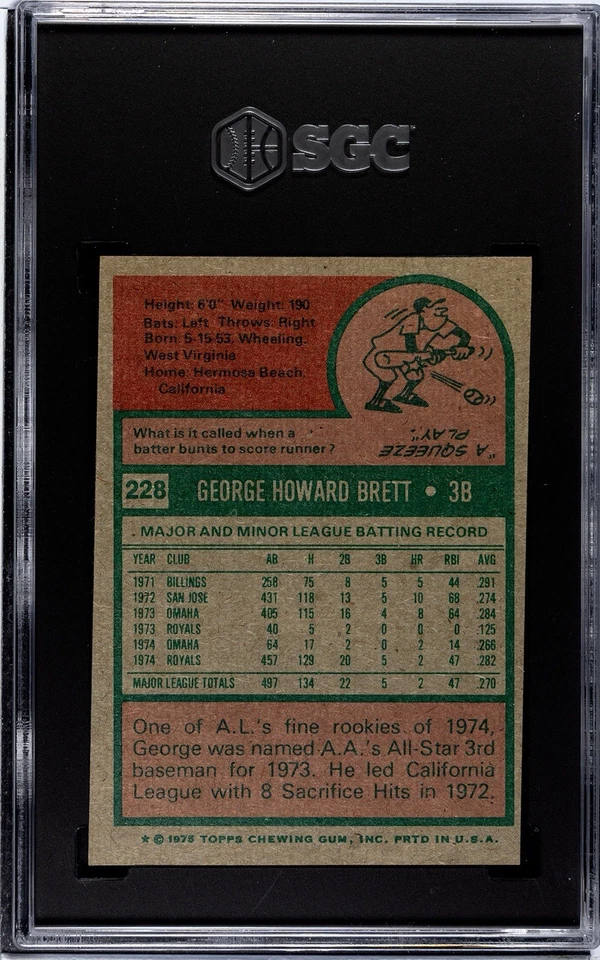 1975 Topps George Brett #228 SGC 5 novato RC HOF certificado # 821982 Foto 2 de 2