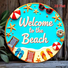 Round Sign Welcome To The Beach Summer Starfish Flip Flop Coastal Wall Decor