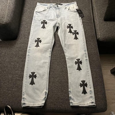 Rebel Vengeance Jeans Mens 34x32 Light Wash Cross Patch Gothic Denim Slim Fit