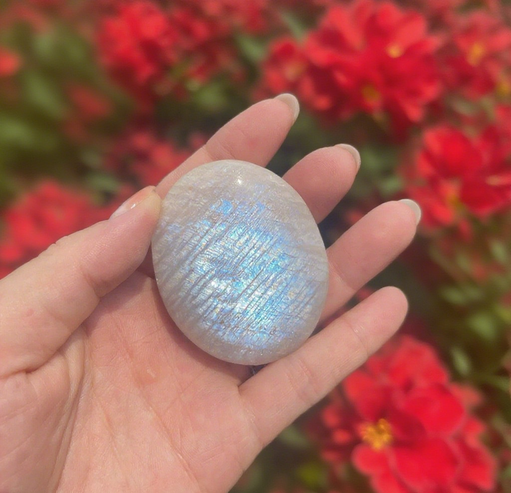 2" Large Moonstone Palm Stone High Flash Mineral Specimen Crystal Healing Gifts