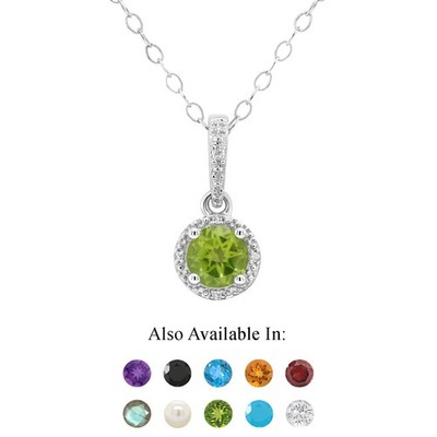 Sterlingsilber 6 mm runder natürlicher Peridot Diamant Akzent Heiligenschein Anhänger Halskette