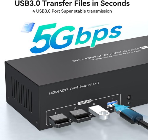 8K60Hz 4K144Hz HDMI+2 Displayport KVM Switch 3 Monitors 3 Computers USB 3.0 KVM - Picture 4 of 10