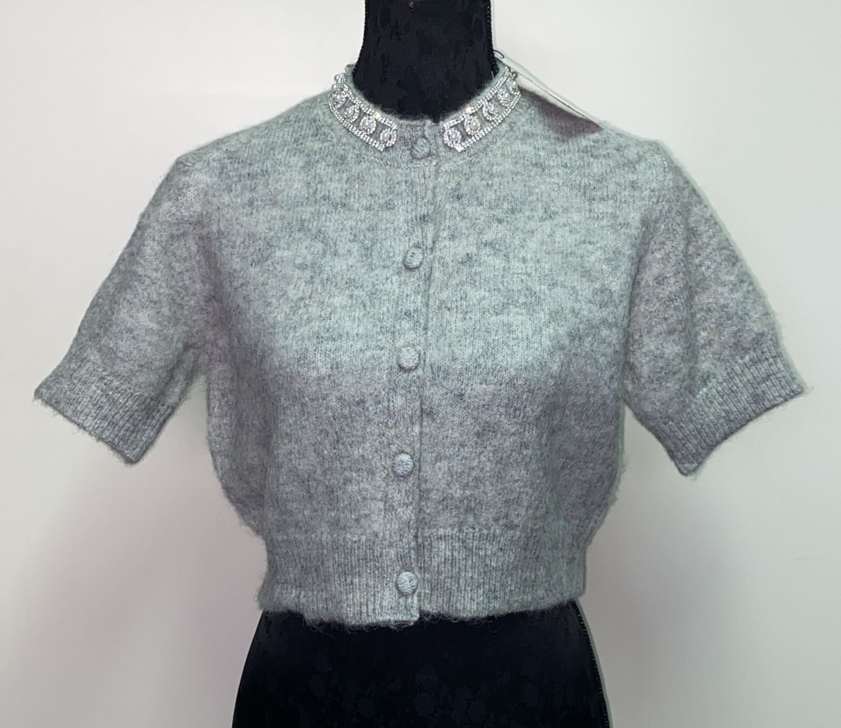ZARA KNIT CARDIGAN WITH RHINESTONE GREY SHORT SLEEVE NEW