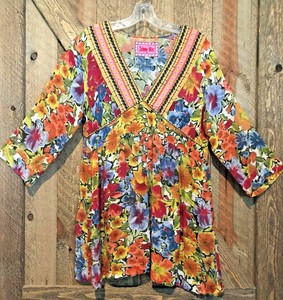 JOHNNY-WAS-Sz-M-Orange-Floral-Embroidered-Tunic-Top-V-Neck-SALE