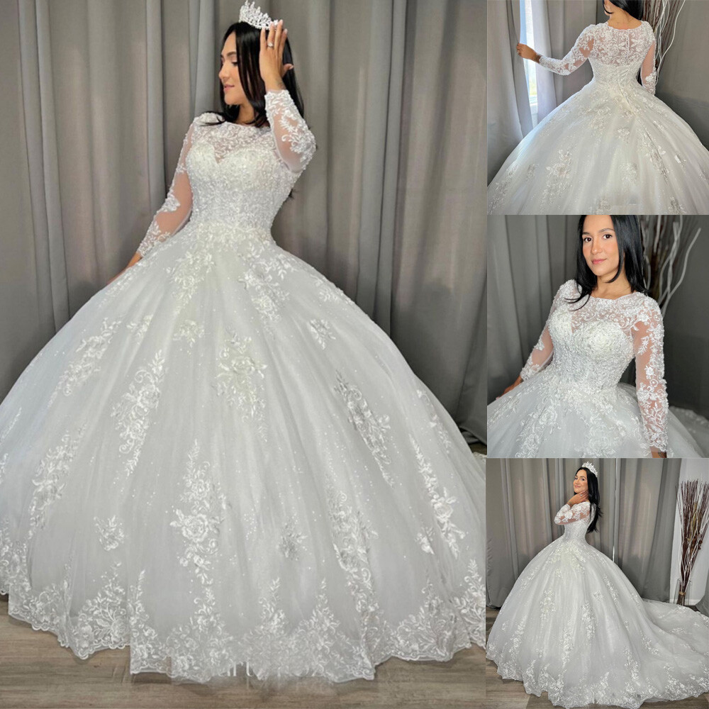 Vestidos de novia brillantes con apliques de encaje con cuentas de manga larga vestidos de baile de novia