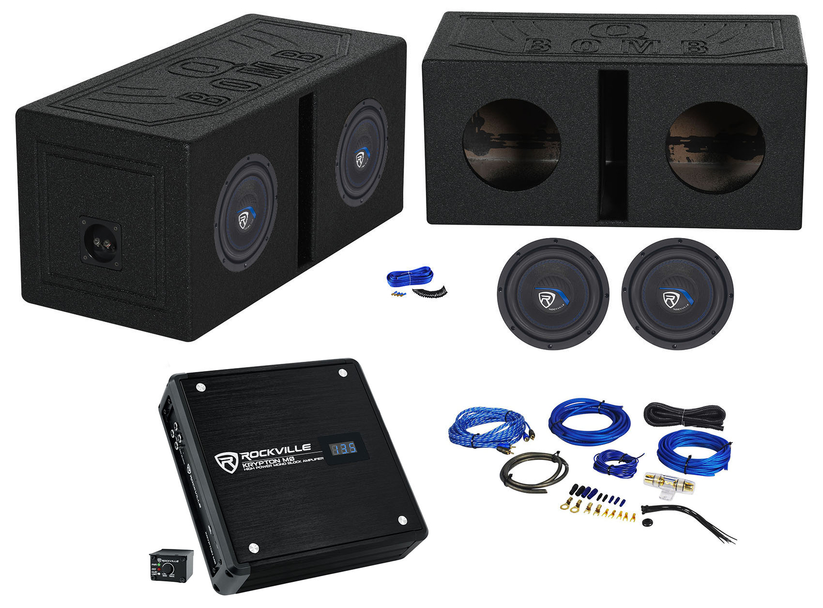 2 Rockville K5 W8K5S2 8 сабвуферов мощностью 800 Вт Вентилируемый сабвуфер Моноусилитель Провода 41490₽