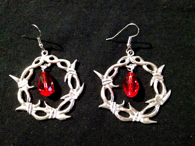 Barb Wire Barbed Wire Pewter with Red Crystal Blood Drop Dangling Hoop Earrings