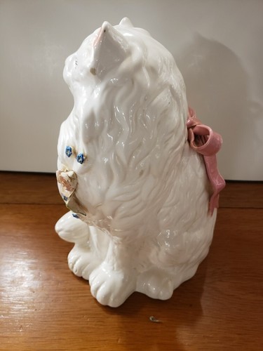 Vintage große weiße Keramik Perserkatze mit blauen Augen, Blumen & rosa Schleife - Bild 4 von 8