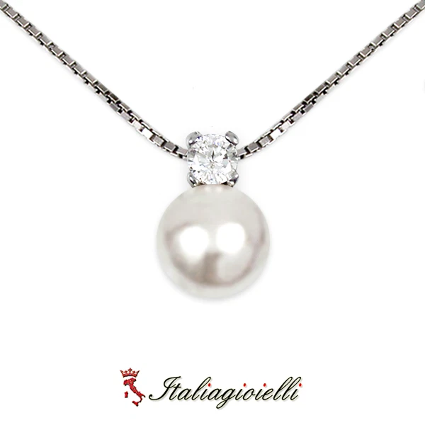 Signorile Collana Brillante con Perla in Argento 925 Rodiato Oro Bianco - Immagine 3 di 4