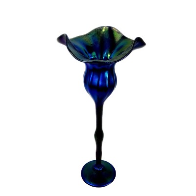 Lundberg Studios Aurene Iridescent Floriform Art Glass Footed Stem Vase 13  