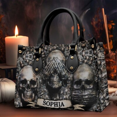 Personalized Three Wise Skulls Leather Handbag, Skeleton Leather Bag Gift