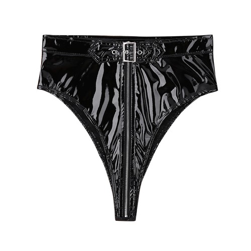 Womens High Waist Shiny PVC Leather Zipper Briefs Shorts Underwear with Belt - Picture 9 of 34