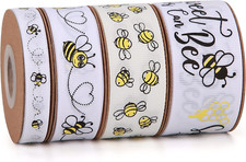 Bee Ribbon 4 Rolls Total 40 Yards Bumble Baby Bee and Flower Ribbon, White Black