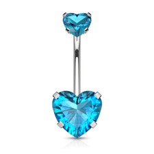 Double Heart CZ Surgical Steel Prong Set 14GA Navel Belly Ring Silver Aqua Blue