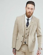 Beige Men's Suits Vintage Tweed Herringbone Check Notch Lapel Prom Tuxedo Suits