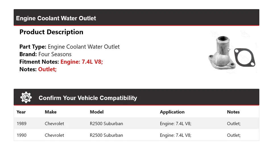 For 1989-1990 Chevrolet R2500 Suburban Engine Coolant Water Outlet 4 Seasons - Image 2 of 4