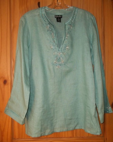Rafaella Light Teal Linen Embroidered Pants Outfit, Top Size 10, Pants Size 8 - Picture 2 of 12