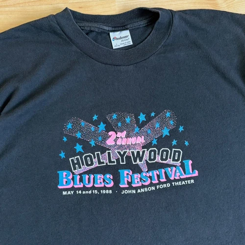 Vtg 80s Hollywood Blues Festival Shirt L RARE Faded Black Co 1980s vintage concert t-shirt, vintage, single stitch, B+ condition