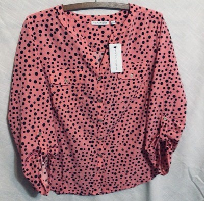 Notations Women's Pink And Black Polka Dot Quarter Sleeve Blouse Large