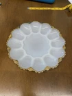Vintage Milk Glass Deviled Eggs Serving Plate W/Gold Trim