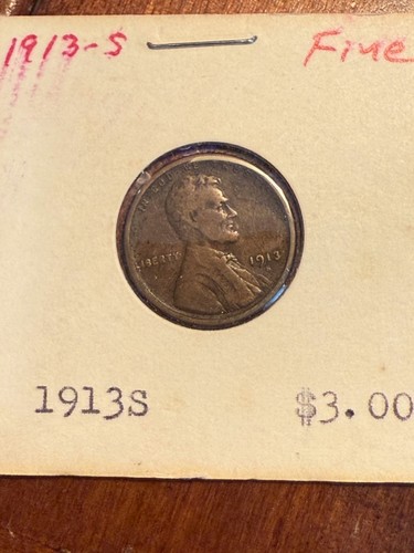 1913-S LINCOLN WHEAT CENT, low mintage date, "FINE" condition.