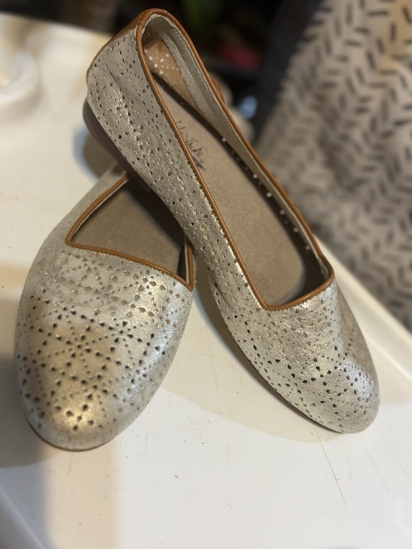 Silver Leather Perforated Slip-On Flats Round Toe Women's Size 7.5