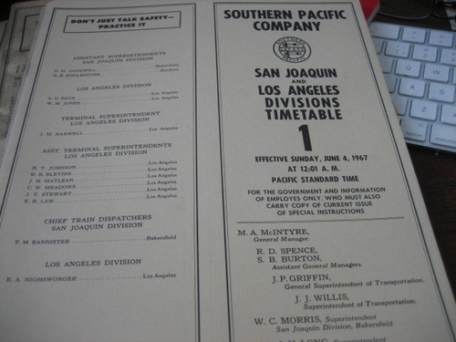 SP San Joaquin & Los Angeles Divisions Employee Timetable #1 -6/4/1967