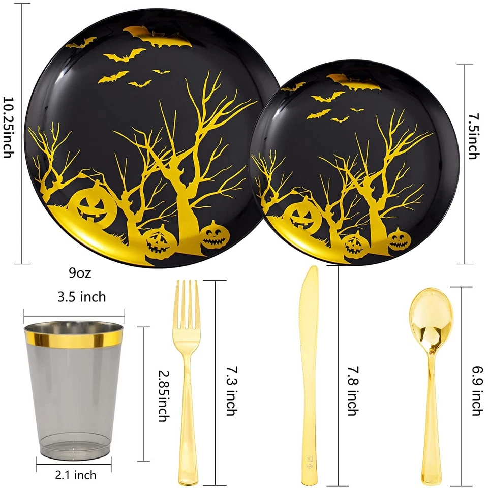 180pcs Halloween Black Plastic Dinnerware,Black and Gold Plates, Disposable P... - Image 2 of 4