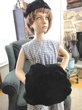 LOT 1950 antique BLACK BROWN MINK FUR woman's hat muff dress cap lined