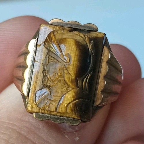 Vintage 10K Men's Gold Tone Signet Ring Rectangular Brown Tiger's Eye Bezel Set