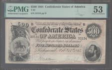 T64 PF-2 1864 $500 Confederate States of America CSA S/N 33154 PMG 53