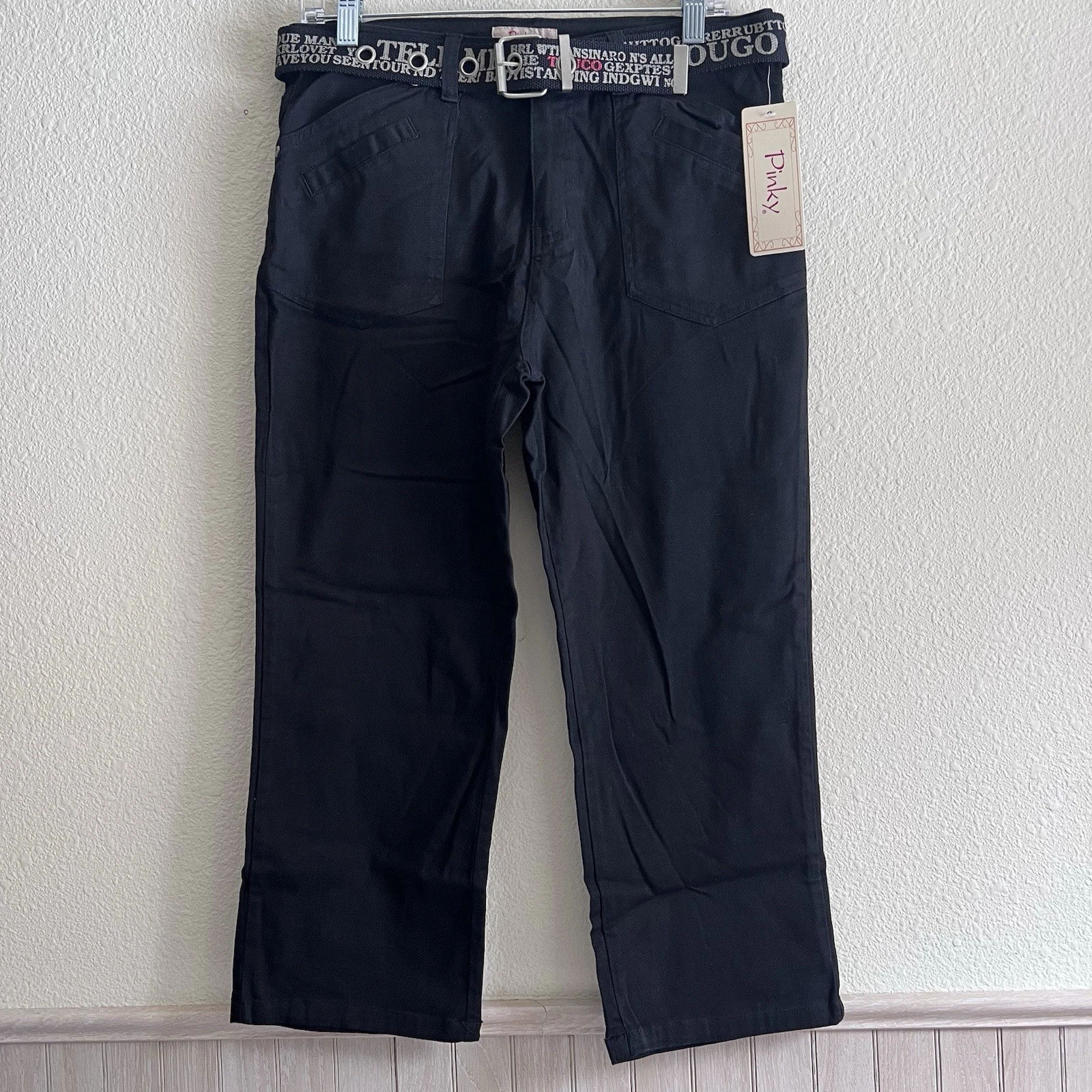 Vintage Y2K Pinky Black Capri Pants Grommet Belt Sz 10 NWT Goth Emo Grunge Vibes