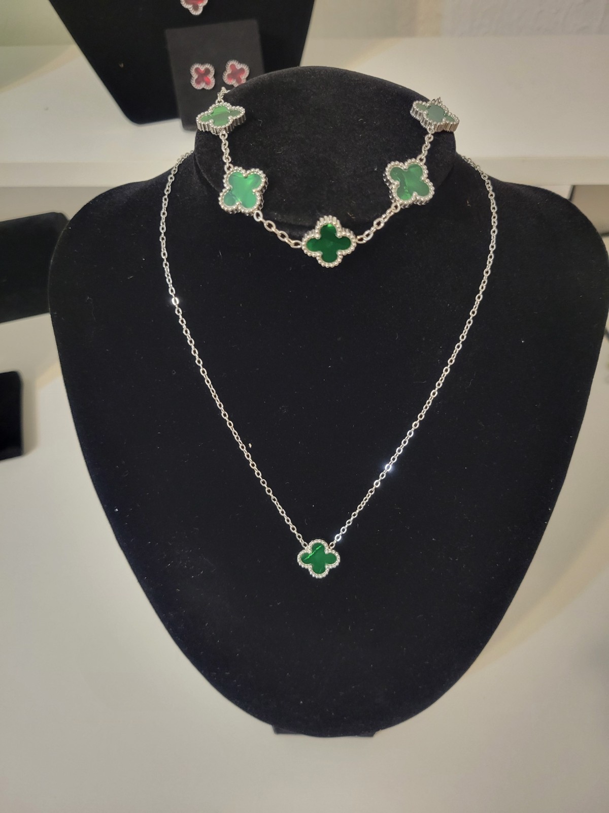 Green Clover Charm Pendant Necklace Stainless Steel Chain Bezel Set