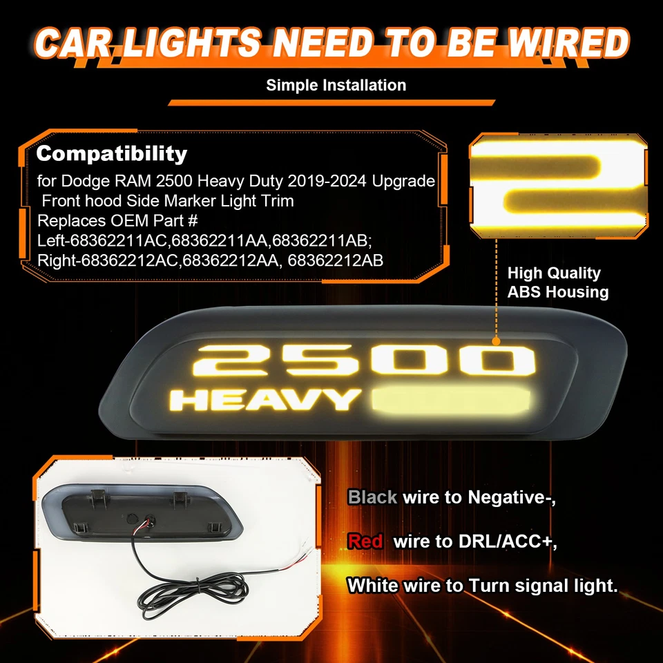 Luces LED de señalización lateral del capó para Dodge RAM 2500 Heavy Duty 2019-2024 Foto 2 de 4