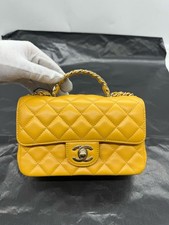 Chanel CC Crystal Top Handle Yellow Leather Chain Flap Crossbody Shoulder Bag