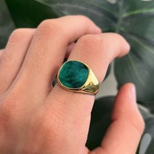 Men s Green Emerald Cushion Signet Ring 925 Sterling Silver Yellow Gold Vermeil