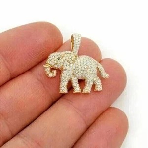 Authentic 2Ct Real Moissanite Round Elephant Shape Women's Pendant 14K Yellow Gold Plated