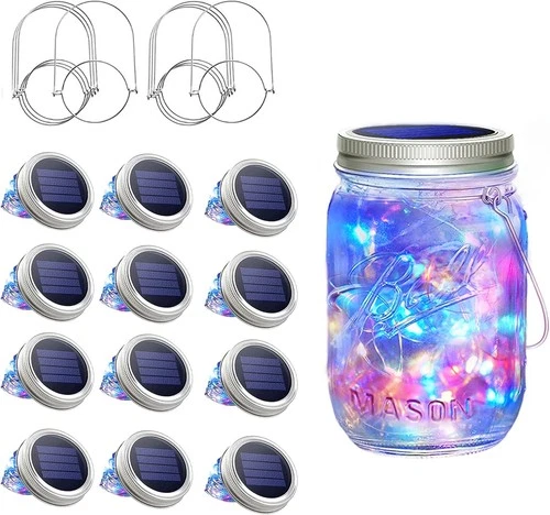 Mason 20 LED Jar Lid Lights with Hangers Solar Fairy Firefly String Garden Decor - Bild 2 von 18