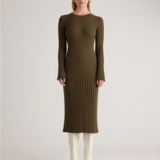 Quince Cotton Cashmere Ribbed Long Sleeve Crew Midi Dress in Olive