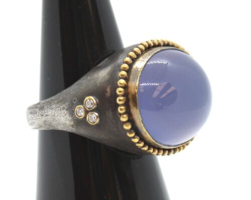 Lika Behar Sterling Silver and 24k Chalcedony Cabochon Ring with Diamonds sz 8