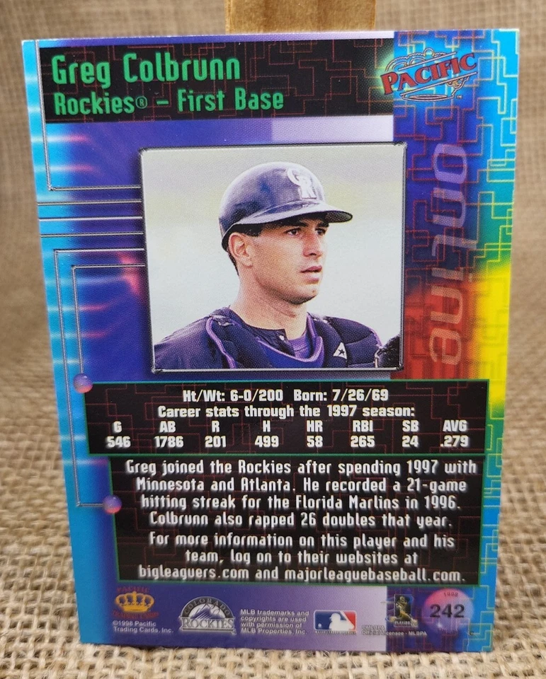 1998 Pacific Online Greg Colbrunn Baseball Card #242 Colorado Rockies FREE S&H - Image 2 of 2