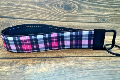 Key Fob Chain Holder Wrist Lanyard Hot Pink Black White Plaid Stripes