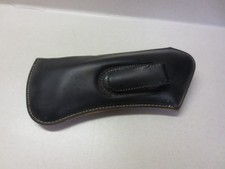 Vintage dark brown eyeglasses case with belt clip and white stitching