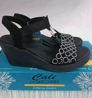 Skechers Cali Women's 11 Rumble On Queen B2 Wedge Sandals 119603 Black Silver