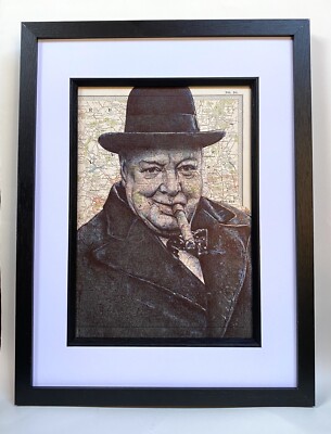Winston Churchill inspiriertes Porträt. Zeichnung über Karte London. A4 Druck ungerahmt