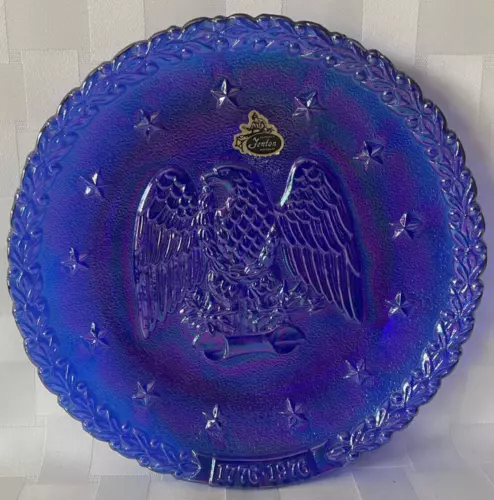 Vintage 1776-1976 FENTON 8" COBALT BLUE Bicentennial Eagle Plate CARNIVAL GLASS