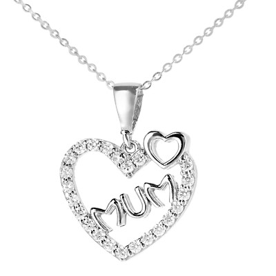 Halskette 9 kt Weißgold Zirkonia MUM Herz Anhänger 18 Zoll Muttertag Geschenk